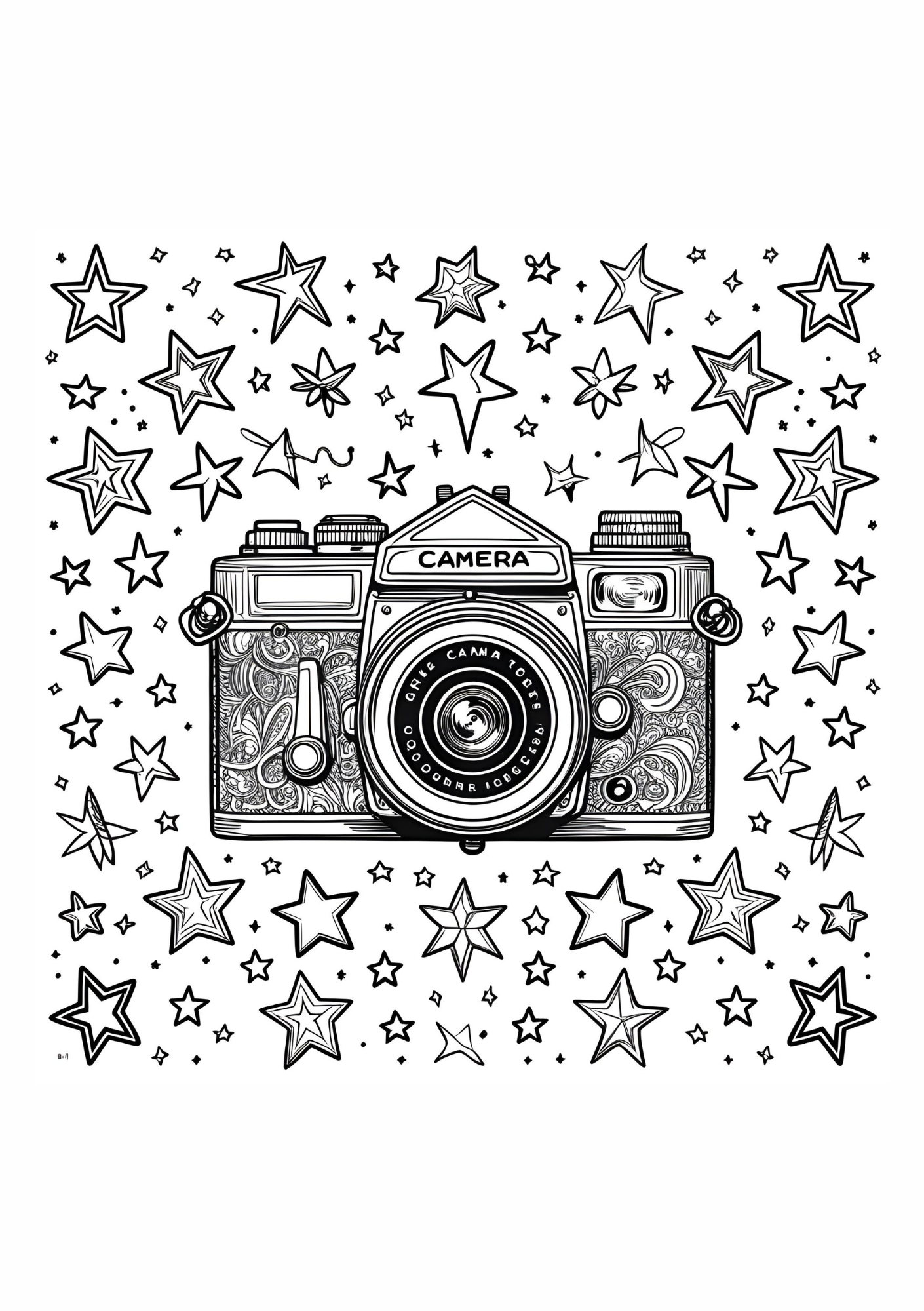 Extrait du livre de coloriage mes règles no drama adapté aux adolescents .ici un appareil photo entouré d'étoiles.
