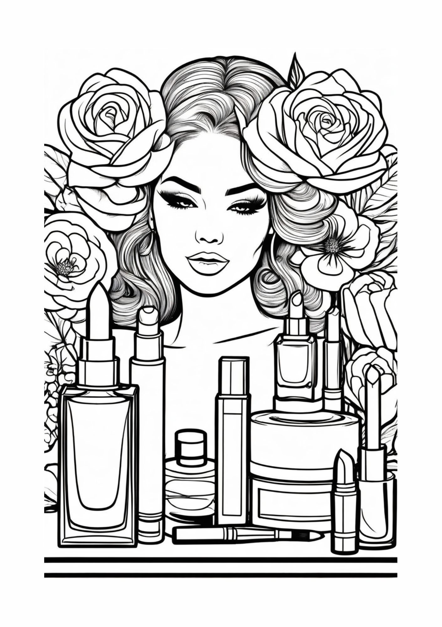 Extrait du livre de coloriage mes règles no drama adapté aux adolescents. ici une jeune femme et du maquillage